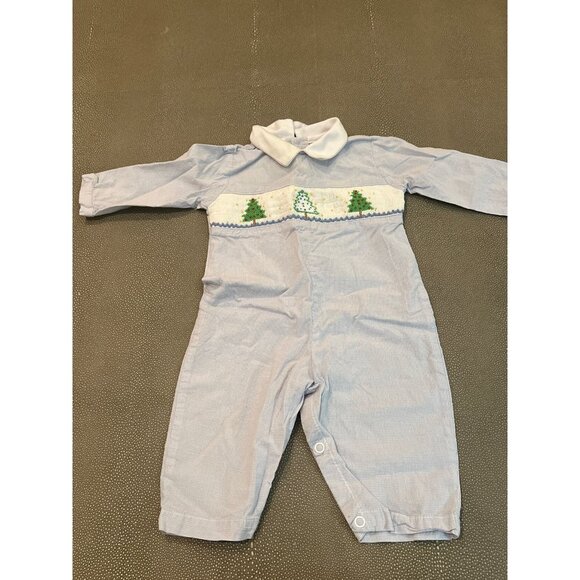 Carriage Boutique Smocked And Embroidered Christmas Trees On Blue Gingham Romper - Picture 1 of 5